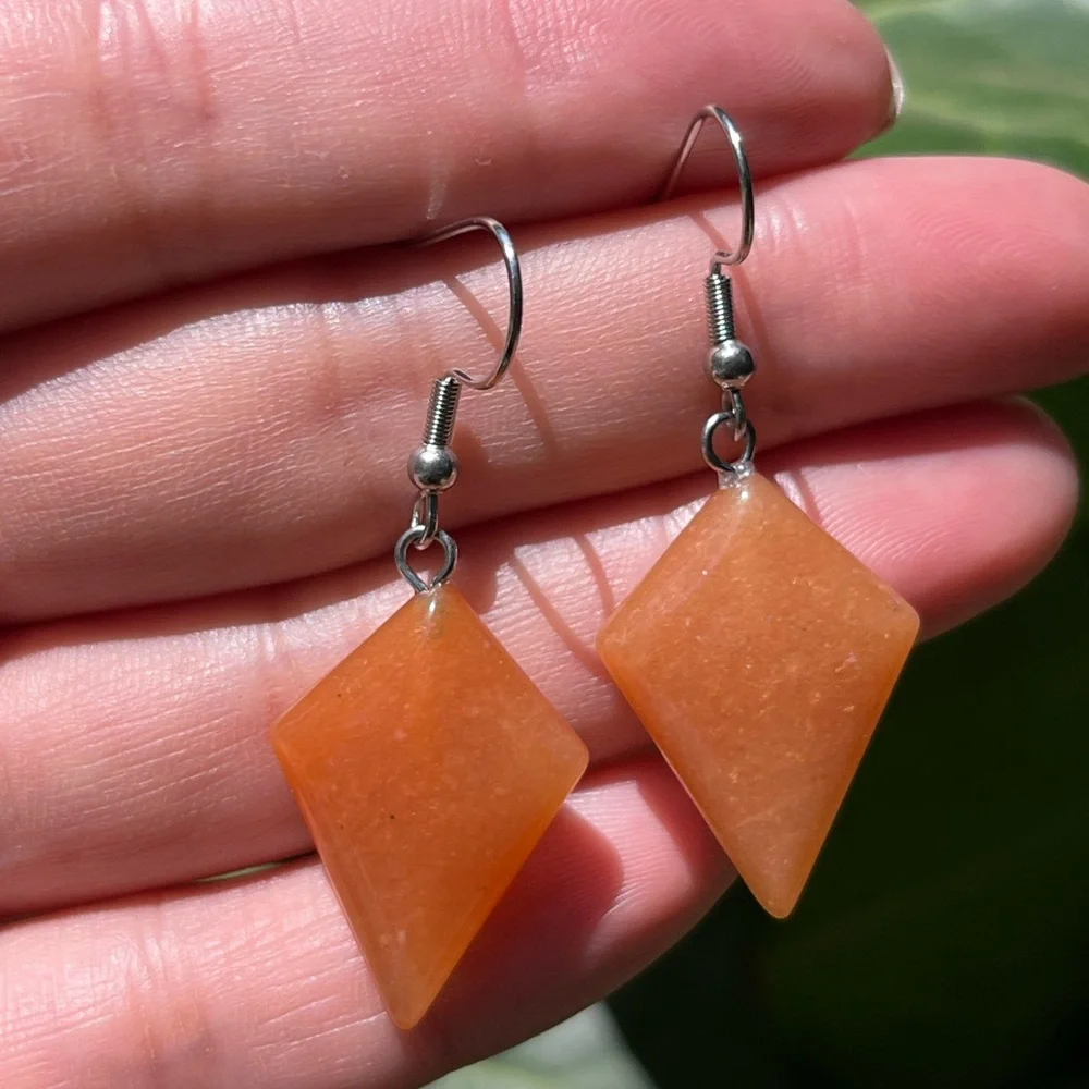 Stainless steel orange aventurine diamond‎ shape drop earrings